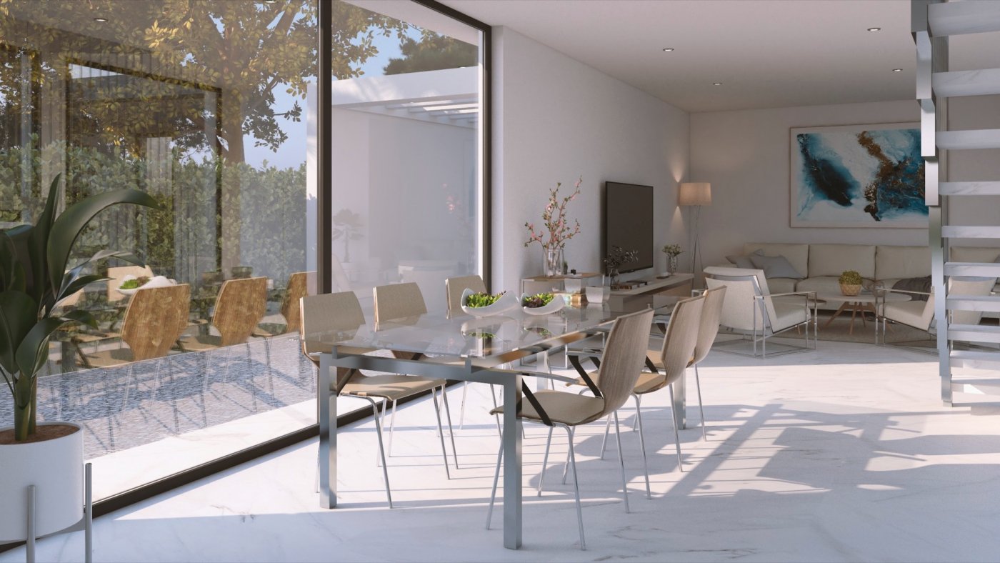 Dining area render with long glass table, floor-to-ceiling windows and external garden vista