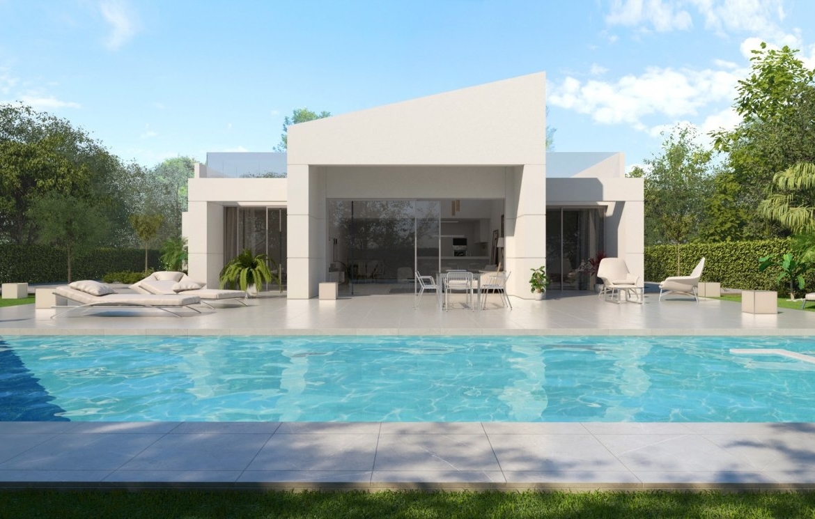 Daylight render of villa garden with pool, casual seating and surrounding mature trees