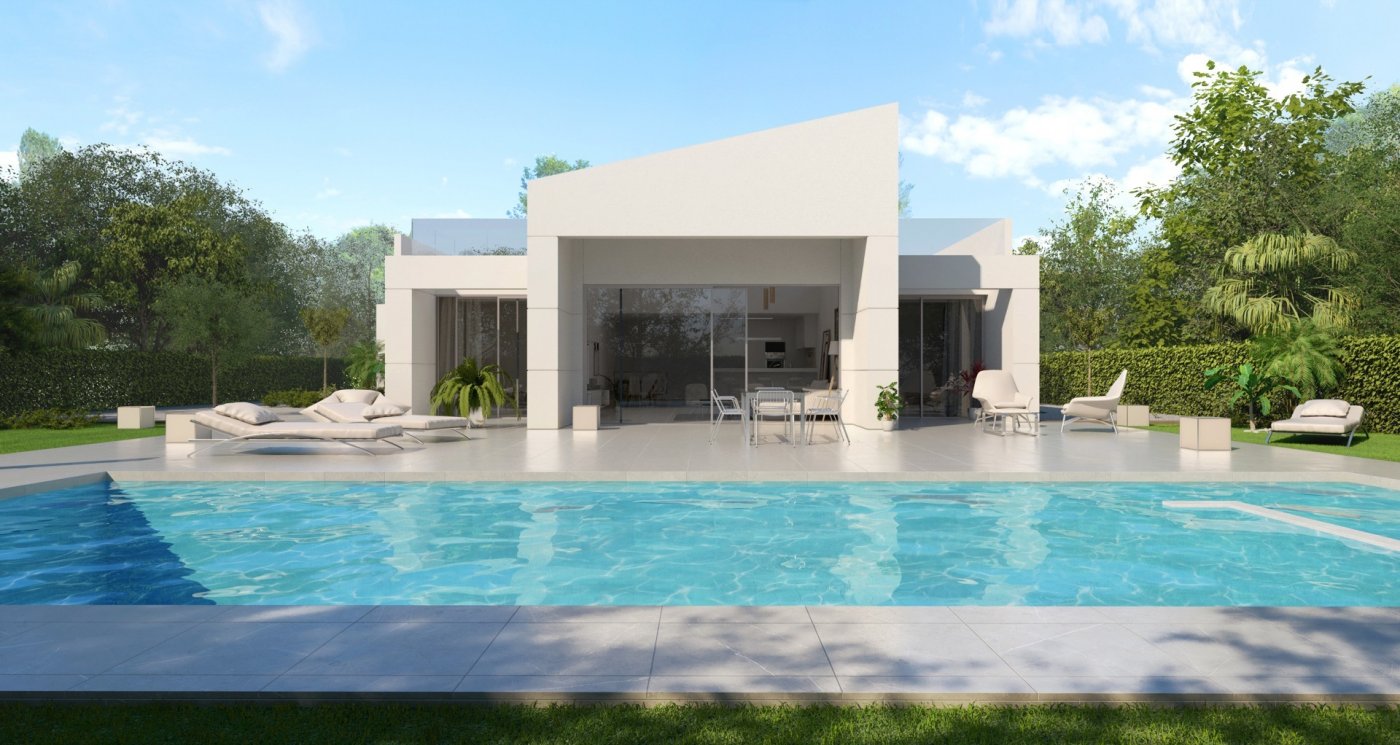 Daylight render of villa garden with pool, casual seating and surrounding mature trees