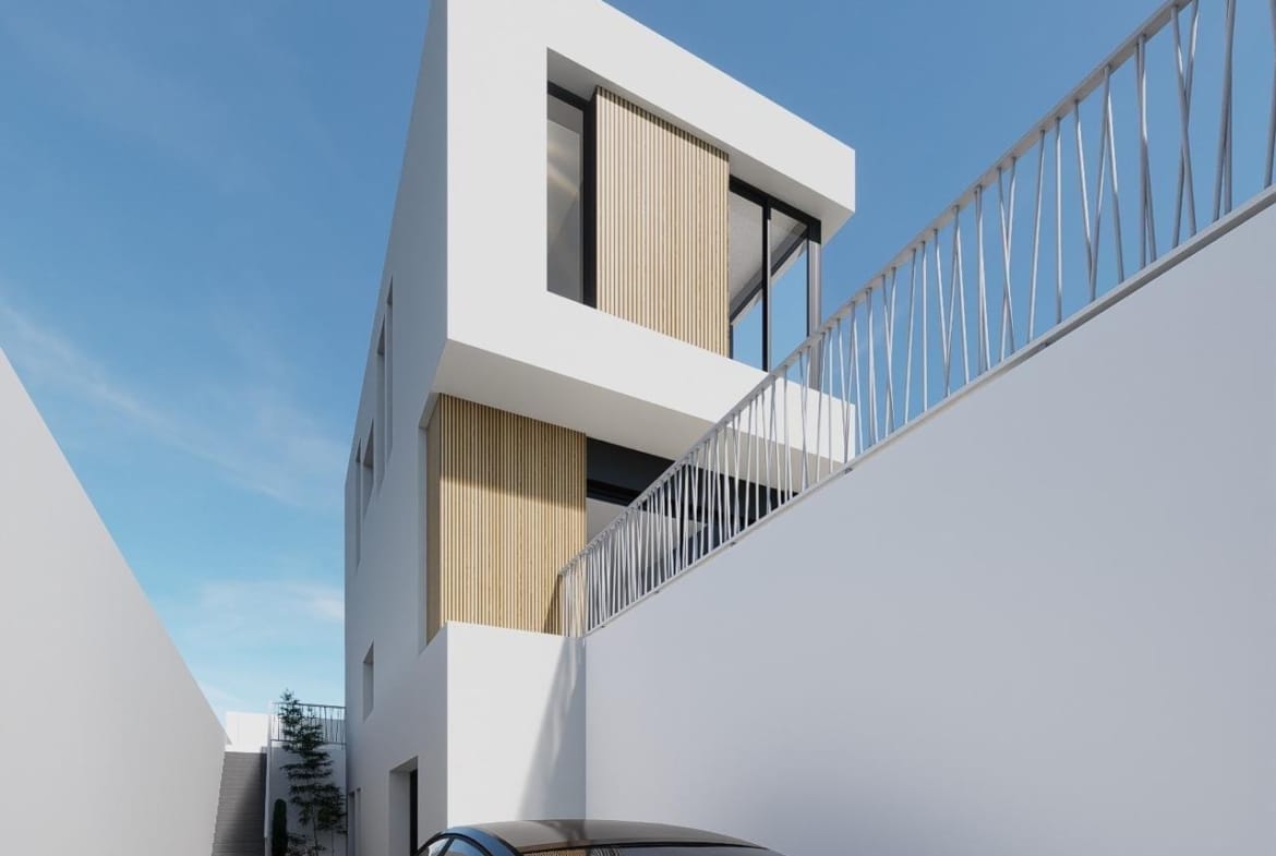 Rendering of the villa entrance and lower driveway with a parked car in Finestrat, Alicante
