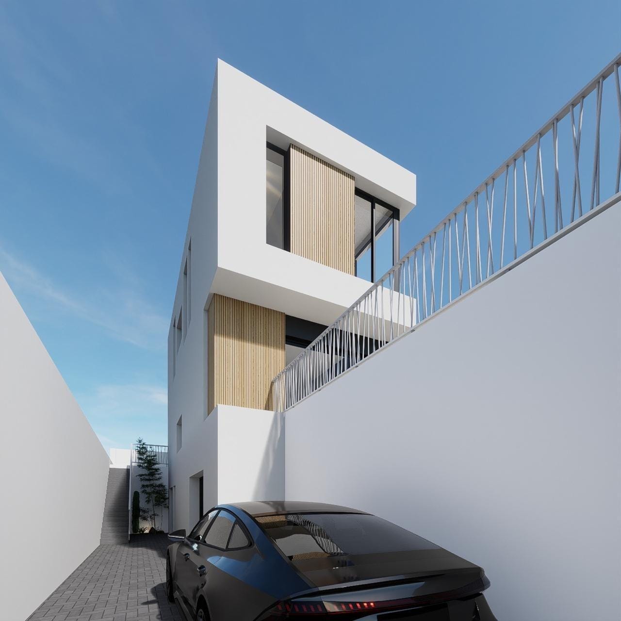 NEW-BUILD-VILLAS-IN-BALCON-DE-FINESTRAT-1 Rendering of the villa entrance and lower driveway with a parked car in Finestrat, Alicante