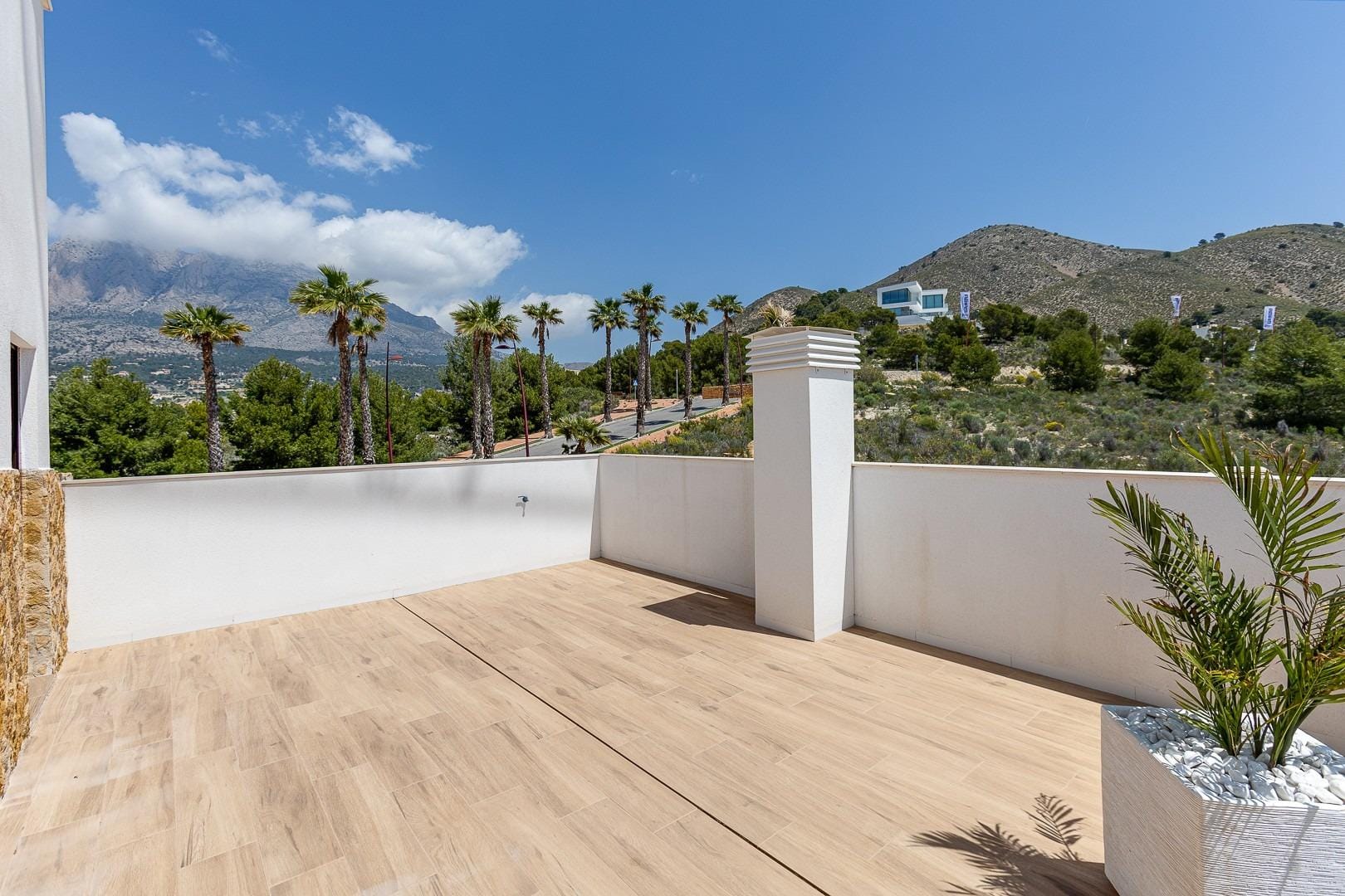 NEW-BUILD-VILLAS-IN-BALCON-DE-FINESTRAT-1 Terrace looking towards nearby hills in Balcón de Finestrat, Alicante