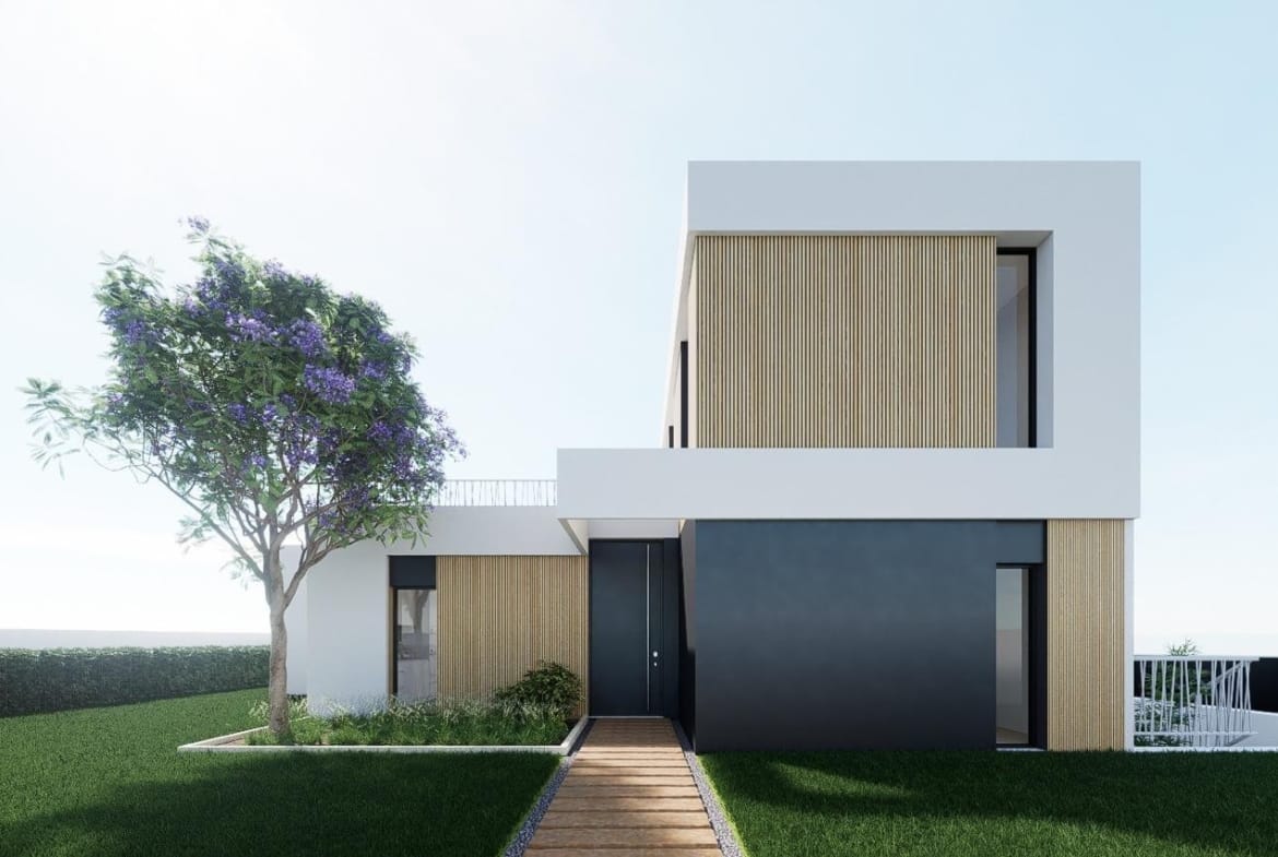 Rendering of the villa entrance with a garden path and white façade in Finestrat, Alicante