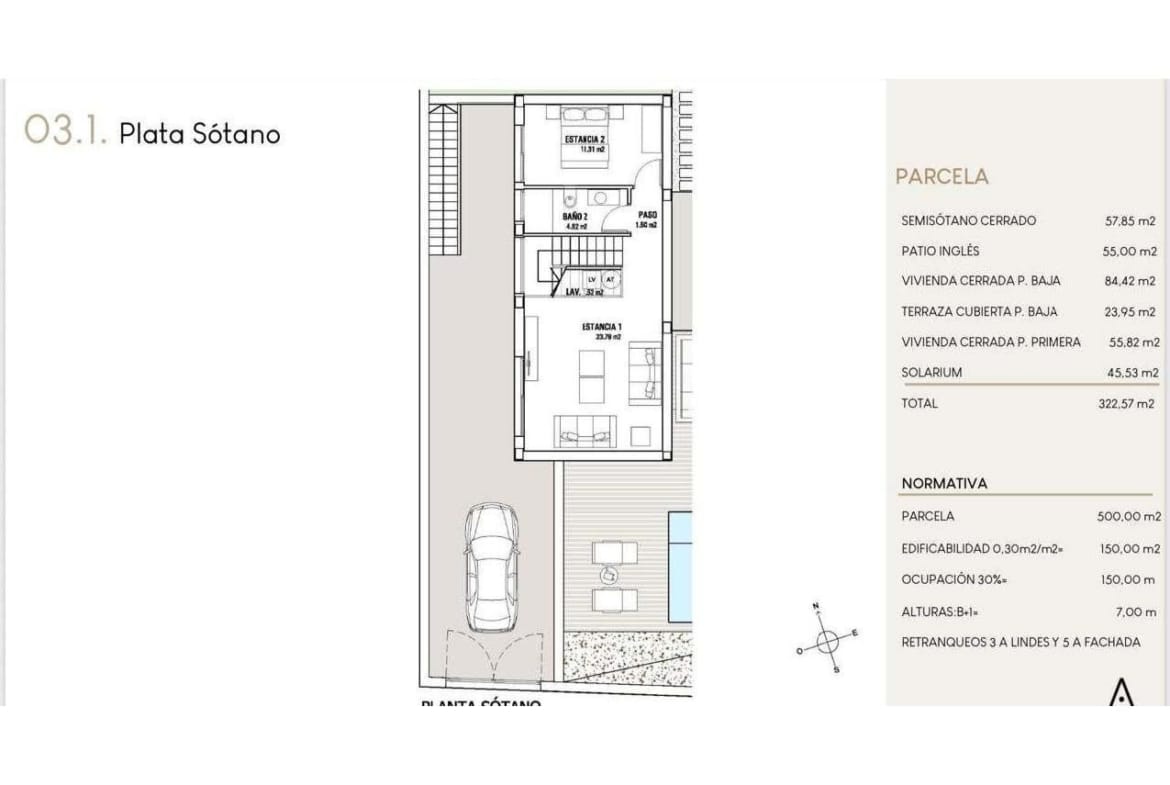 Basement floor plan showing a bedroom, bathroom, living area and English patio in Finestrat, Alicante