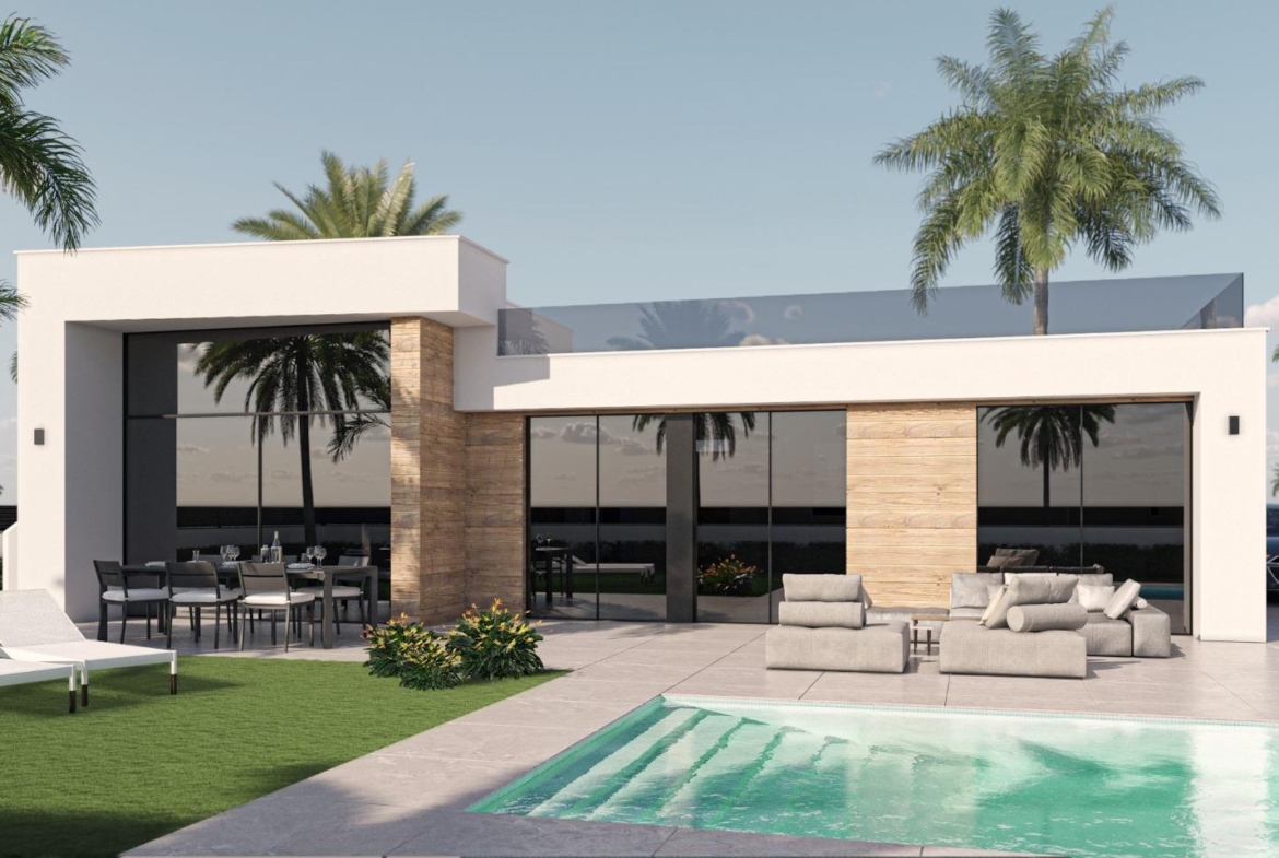 Poolside exterior render of a villa with an optional private pool in Condado de Alhama Golf Resort, Murcia