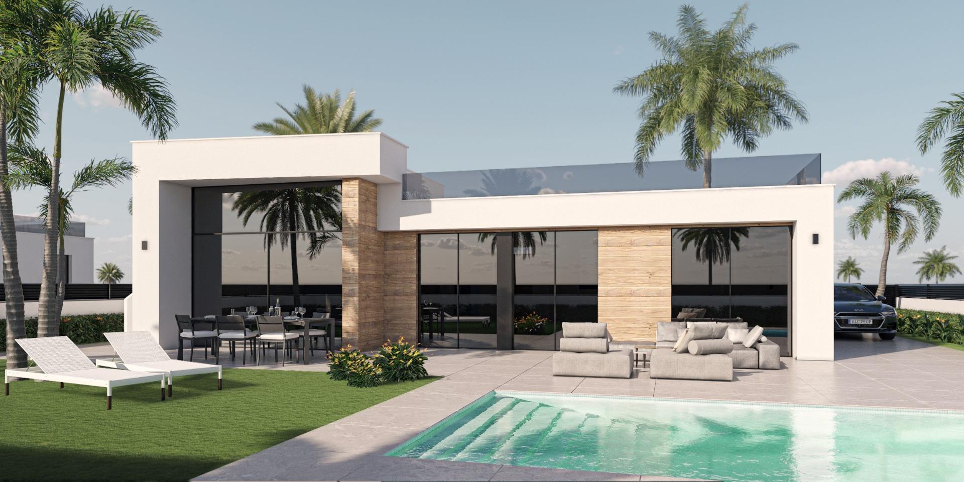Poolside exterior render of a villa with an optional private pool in Condado de Alhama Golf Resort, Murcia
