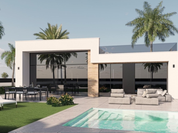 Exterior render of a single-storey villa with an optional private pool in Condado de Alhama Golf Resort, Murcia