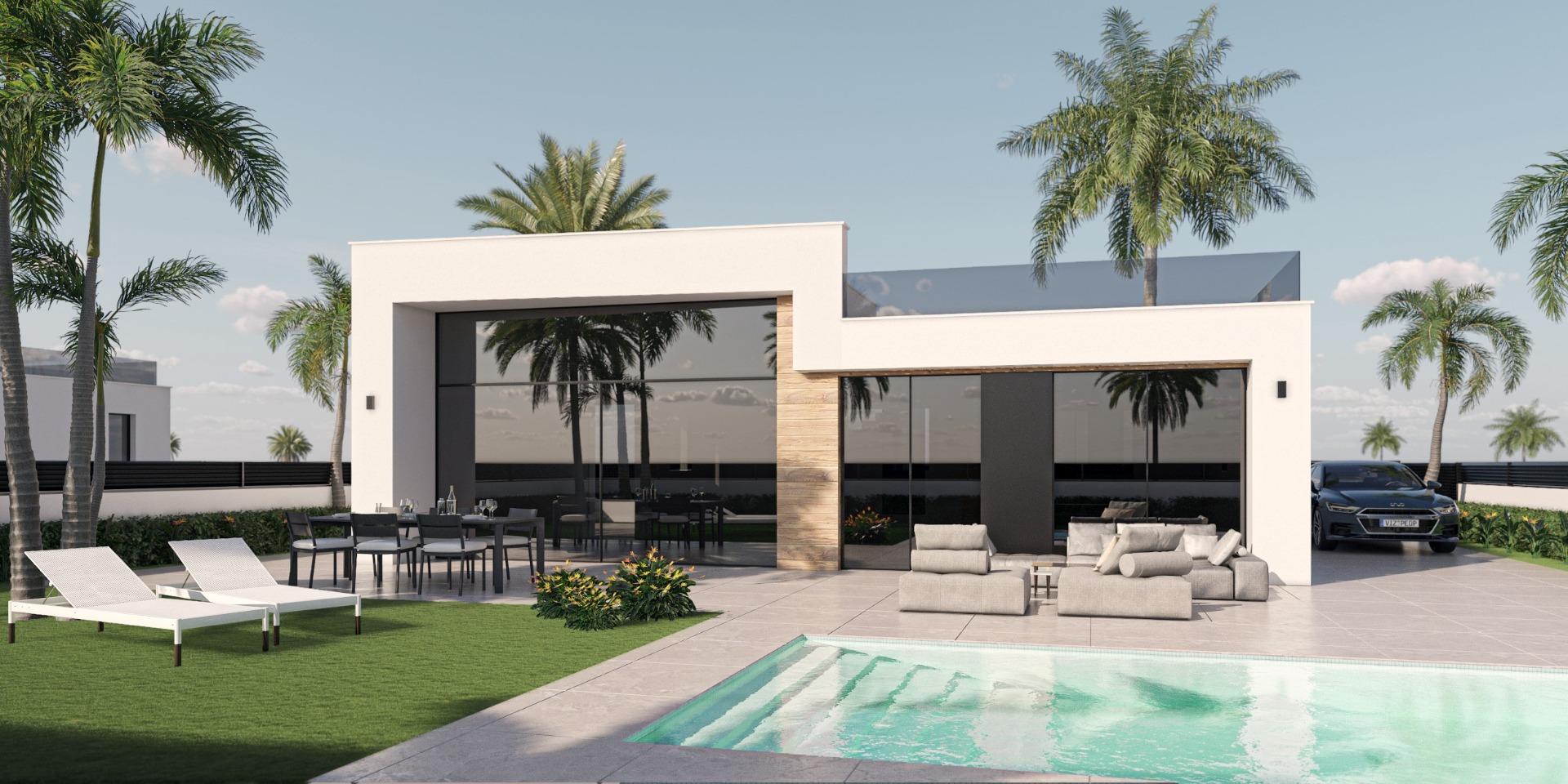 Exterior render of a single-storey villa with an optional private pool in Condado de Alhama Golf Resort, Murcia