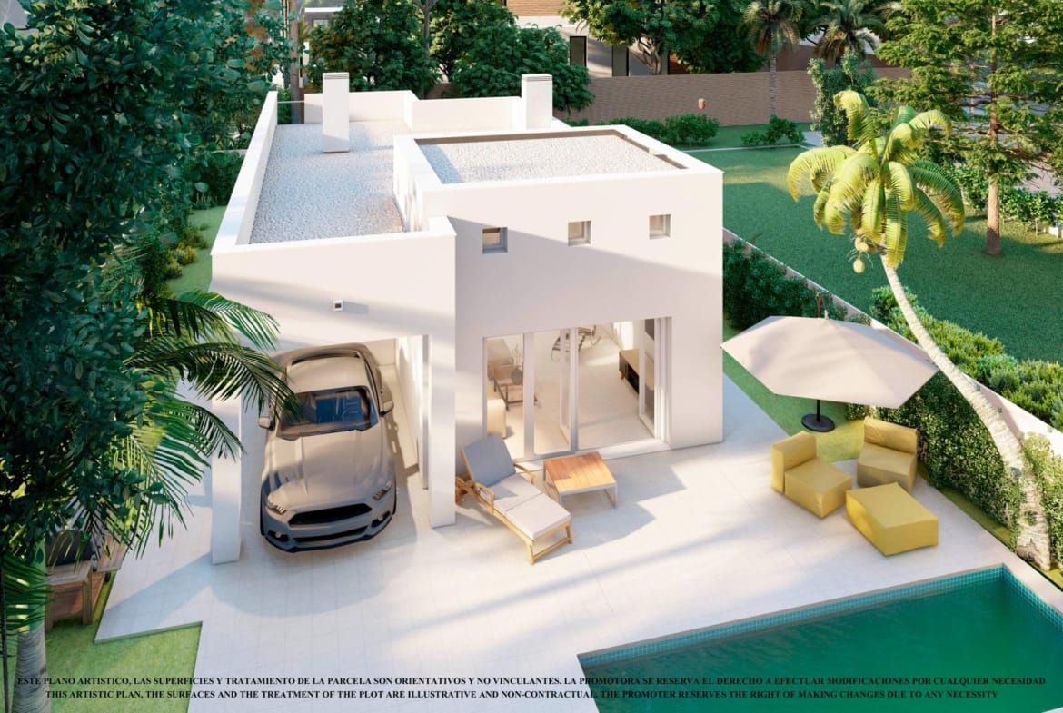 Elevated villa rendering showing a private rooftop solarium, garden and optional pool in Serena Golf, Los Alcázares, Murcia