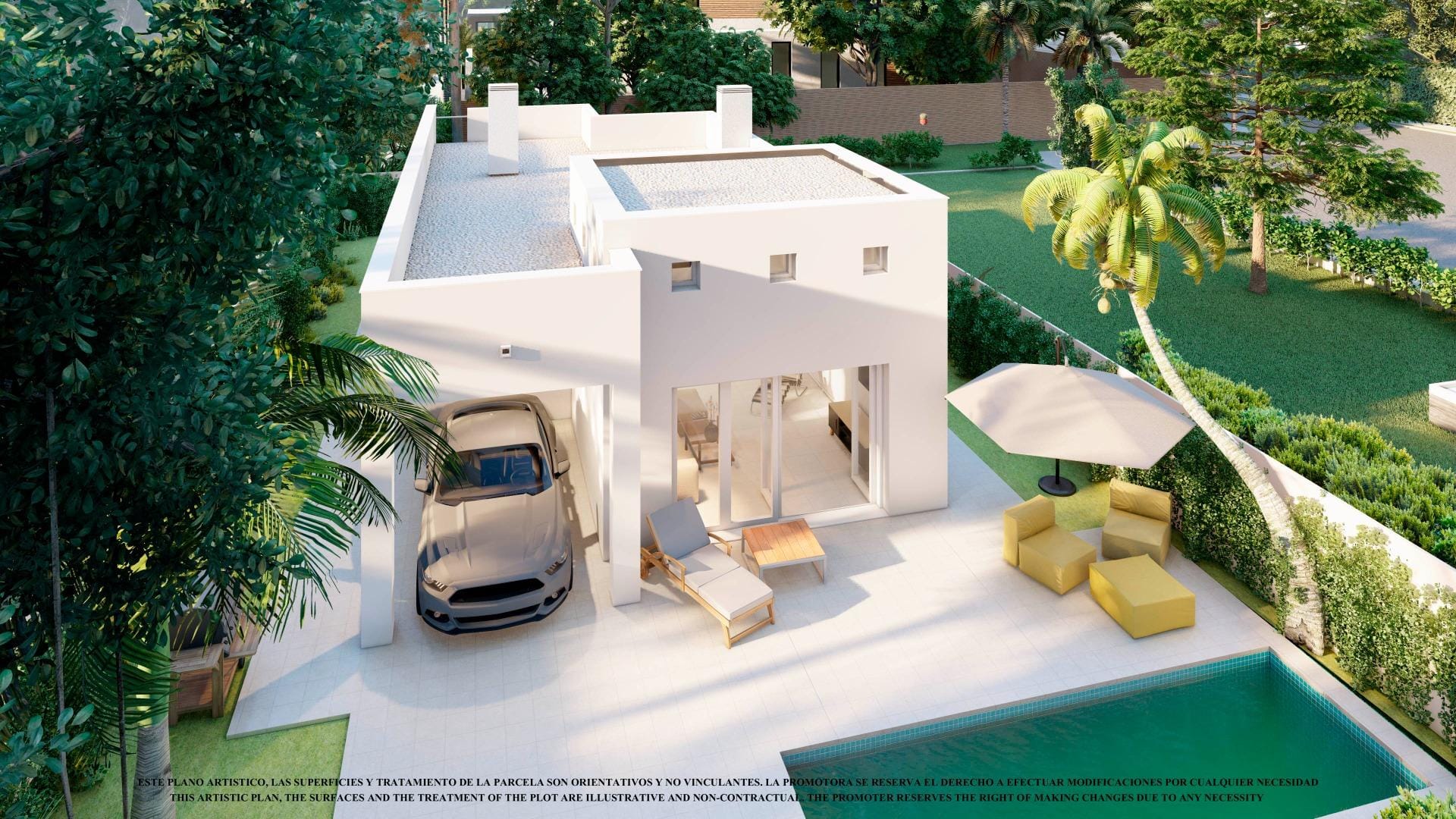Elevated villa rendering showing a private rooftop solarium, garden and optional pool in Serena Golf, Los Alcázares, Murcia