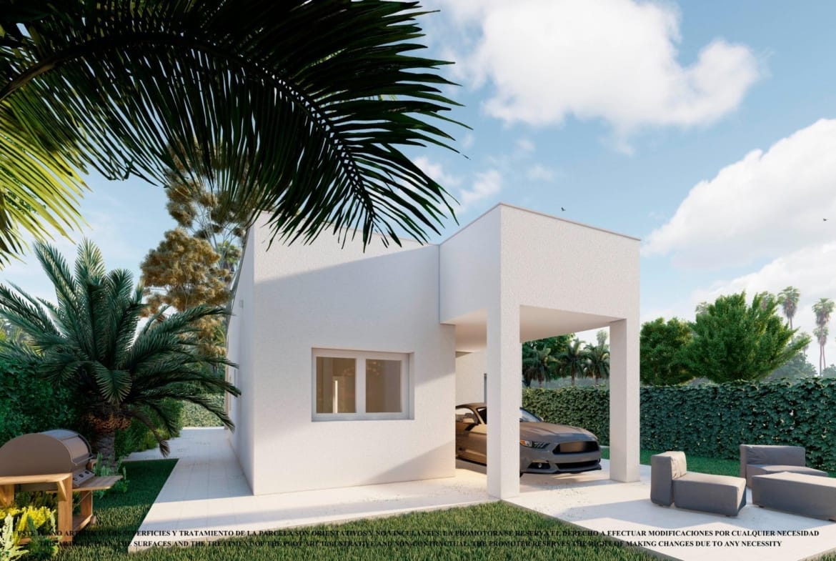 Front garden and entrance rendering with covered off-road parking beside a white villa in Serena Golf, Los Alcázares, Murcia