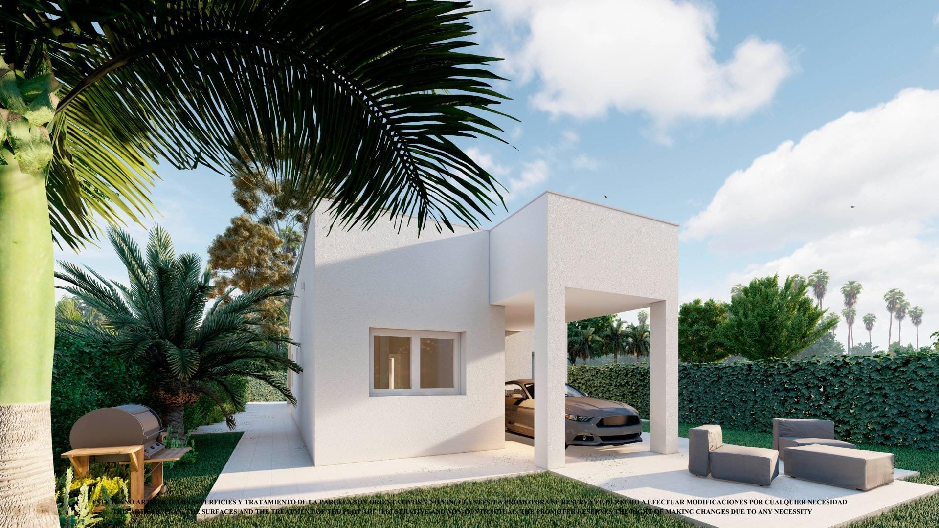 Front garden and entrance rendering with covered off-road parking beside a white villa in Serena Golf, Los Alcázares, Murcia