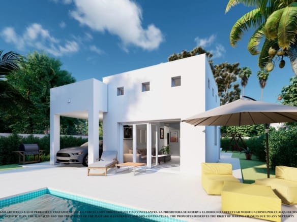 White single storey villa rendering with terrace seating and an optional swimming pool in Serena Golf, Los Alcázares, Murcia