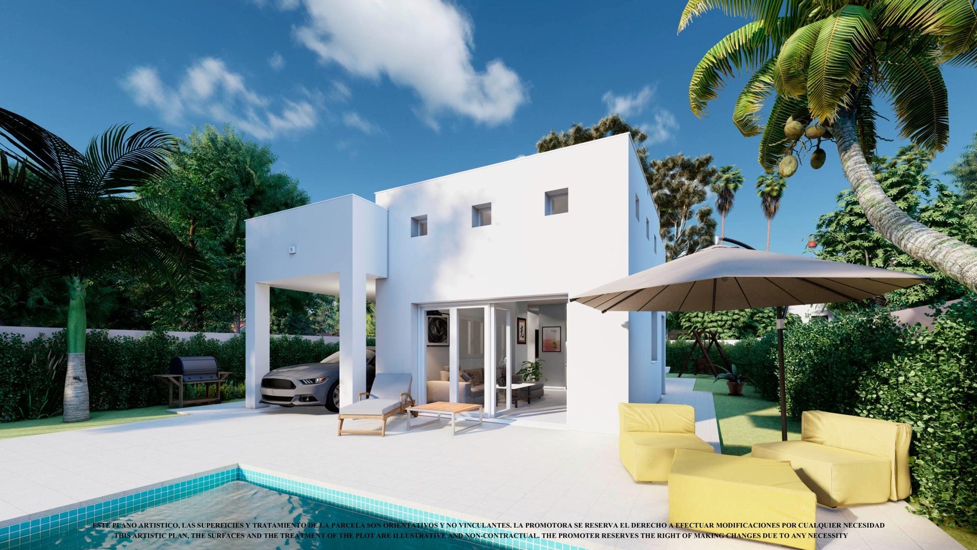 NEW BUILD VILLAS IN LOS ALCAZARES White single storey villa rendering with terrace seating and an optional swimming pool in Serena Golf, Los Alcázares, Murcia