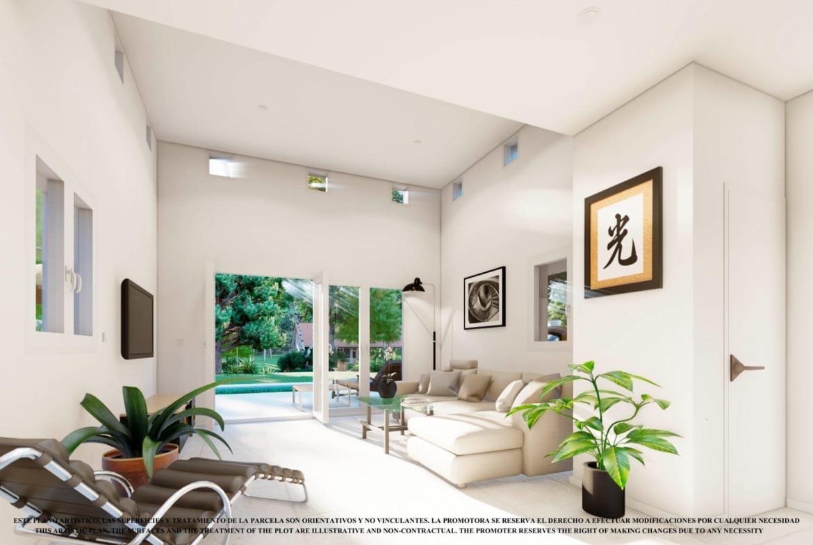 Living room rendering with pale seating, high windows and large sliding terrace doors in Serena Golf, Los Alcázares, Murcia