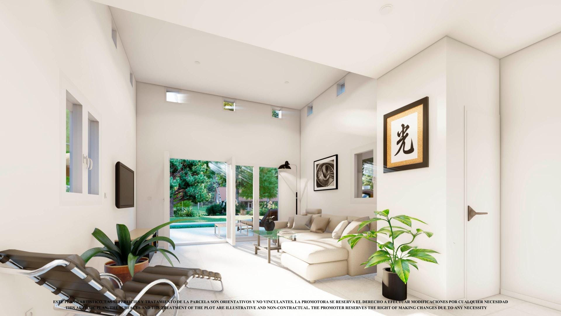 NEW-BUILD-VILLAS-IN-LOS-ALCAZARES-2 Living room rendering with pale seating, high windows and large sliding terrace doors in Serena Golf, Los Alcázares, Murcia