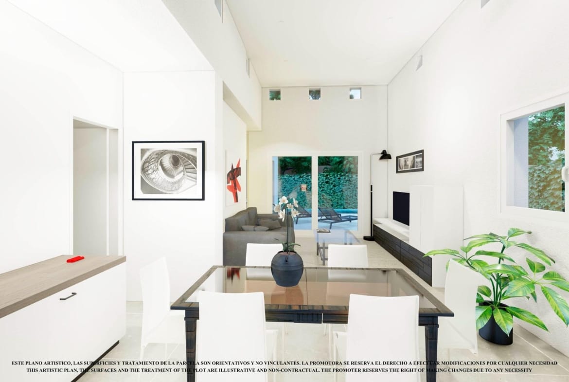 Open-plan kitchen and dining area rendering with large windows and terrace access in Serena Golf, Los Alcázares, Murcia
