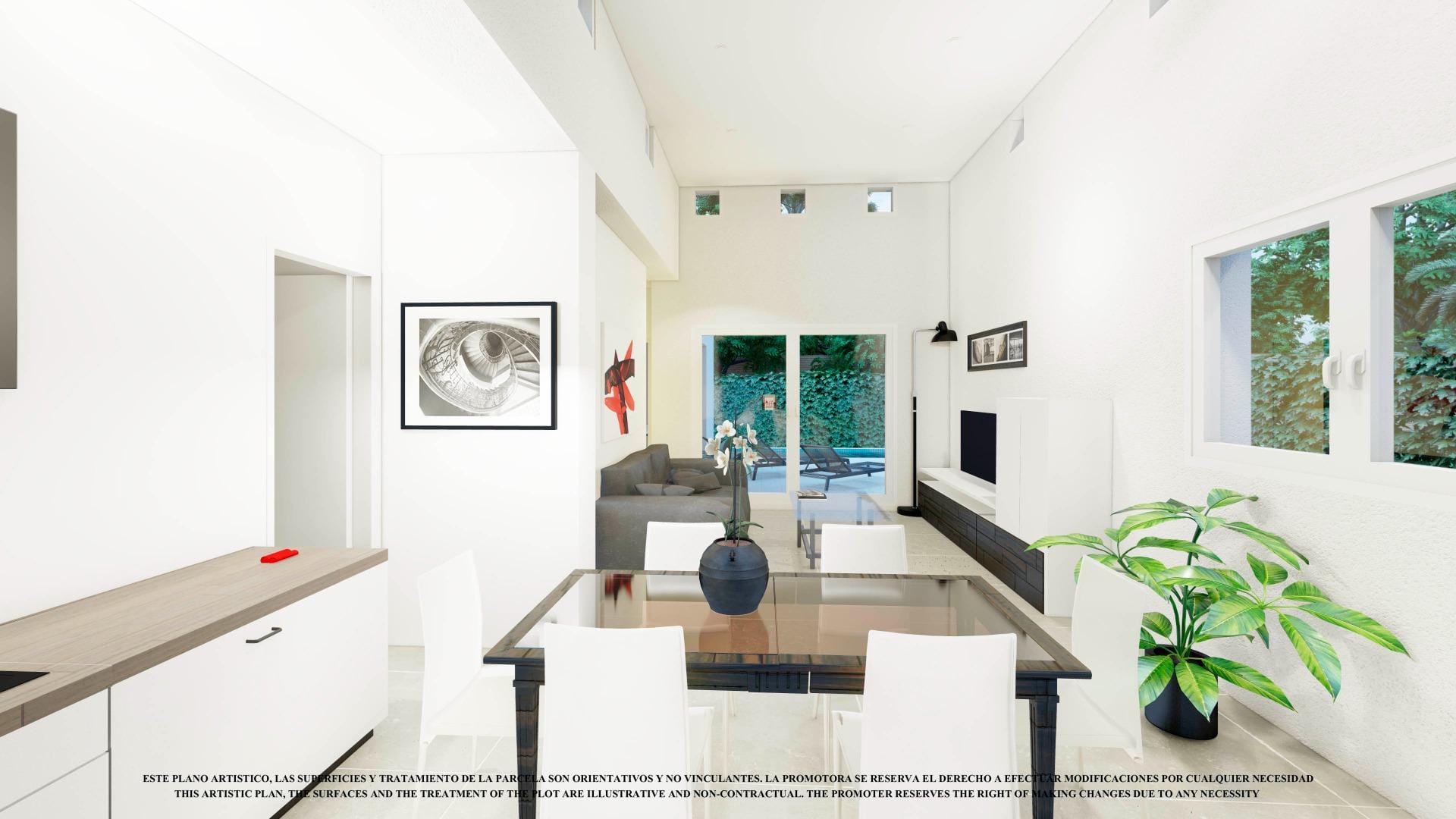 NEW-BUILD-VILLAS-IN-LOS-ALCAZARES-2 Open-plan kitchen and dining area rendering with large windows and terrace access in Serena Golf, Los Alcázares, Murcia