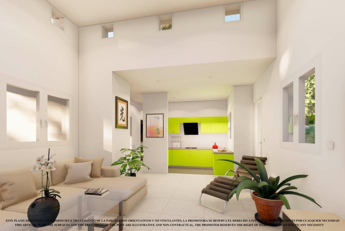 Open-plan lounge and kitchen rendering with high windows and garden-facing glazing in Serena Golf, Los Alcázares, Murcia