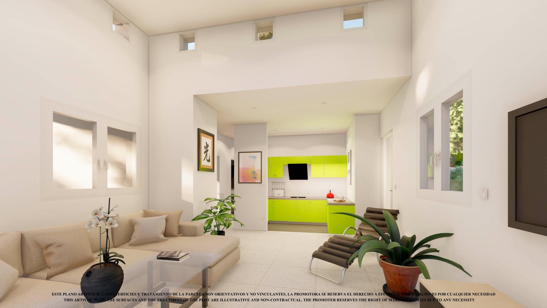 NEW-BUILD-VILLAS-IN-LOS-ALCAZARES-3 Open-plan lounge and kitchen rendering with high windows and garden-facing glazing in Serena Golf, Los Alcázares, Murcia