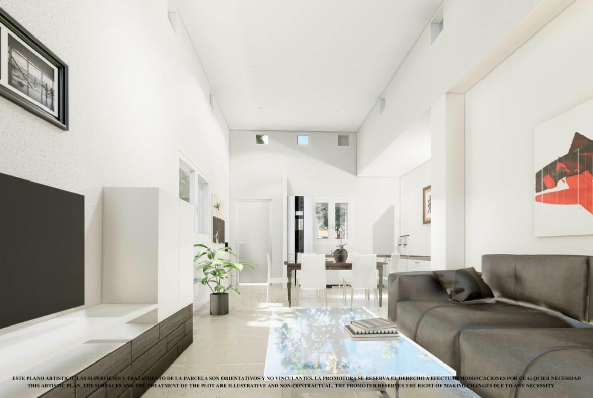 Living room rendering with a dark sofa, clerestory windows and sliding doors in Serena Golf, Los Alcázares, Murcia
