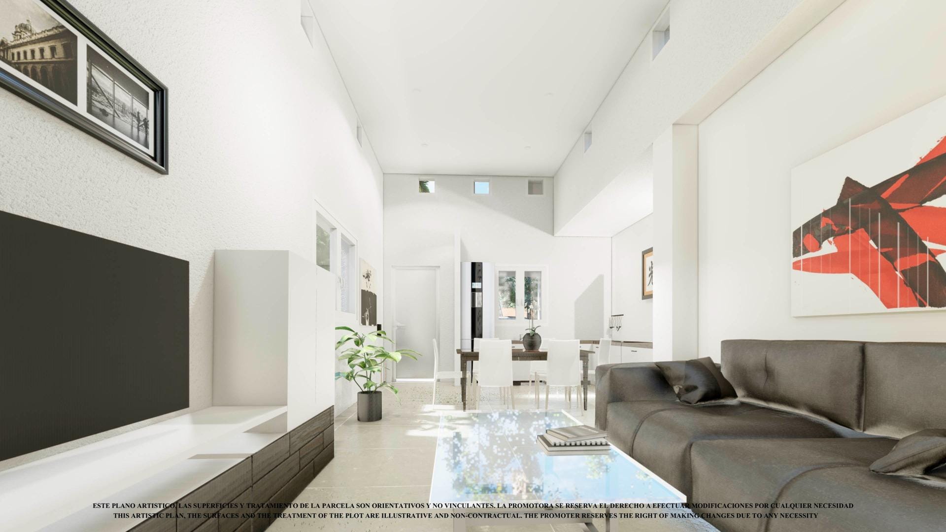 NEW-BUILD-VILLAS-IN-LOS-ALCAZARES-3 Living room rendering with a dark sofa, clerestory windows and sliding doors in Serena Golf, Los Alcázares, Murcia