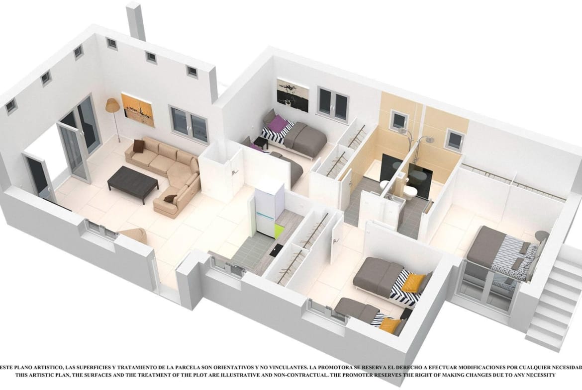3D cutaway rendering of a single storey villa with 3 bedrooms, 2 bathrooms and covered parking in Serena Golf, Los Alcázares, Murcia