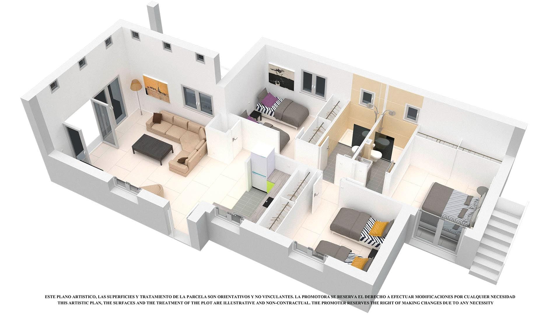 NEW-BUILD-VILLAS-IN-LOS-ALCAZARES-4 3D cutaway rendering of a single storey villa with 3 bedrooms, 2 bathrooms and covered parking in Serena Golf, Los Alcázares, Murcia