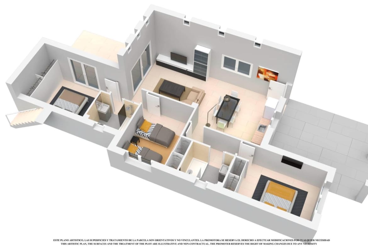 3D cutaway rendering of a single storey villa with 3 bedrooms, 2 bathrooms and an open living area in Serena Golf, Los Alcázares, Murcia