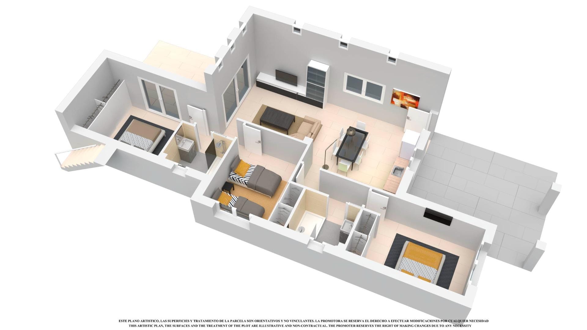 NEW-BUILD-VILLAS-IN-LOS-ALCAZARES-4 3D cutaway rendering of a single storey villa with 3 bedrooms, 2 bathrooms and an open living area in Serena Golf, Los Alcázares, Murcia