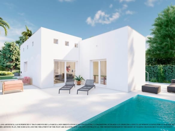 White villa and terrace rendering showing an optional swimming pool in Serena Golf, Los Alcázares, Murcia