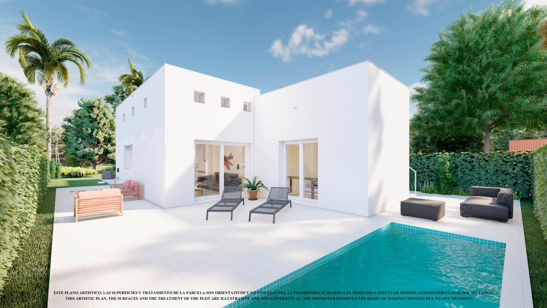NEW BUILD VILLAS IN LOS ALCAZARES White villa and terrace rendering showing an optional swimming pool in Serena Golf, Los Alcázares, Murcia