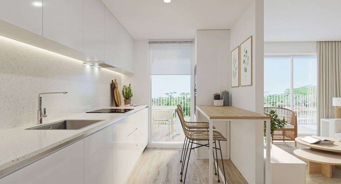 Wide rendering of a white kitchen and breakfast counter with timber seating in Jávea, Alicante