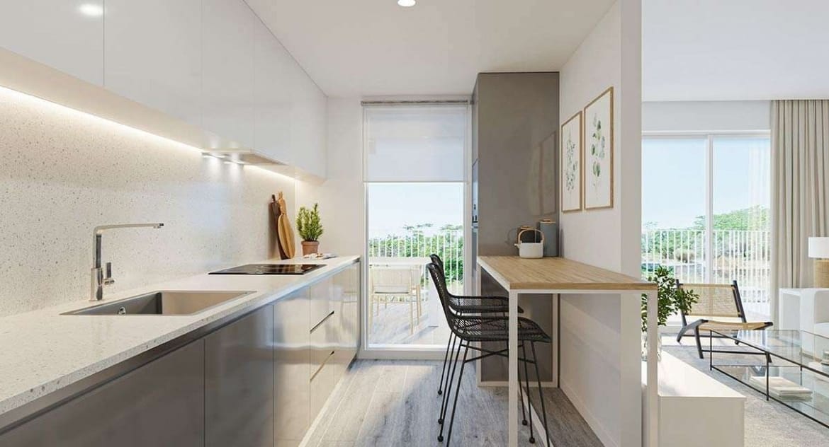 Rendering of a white kitchen and breakfast counter with dark-framed seating in Jávea, Alicante