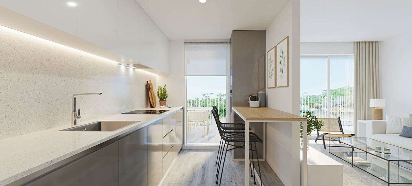 Rendering of a white kitchen and breakfast counter with dark-framed seating in Jávea, Alicante