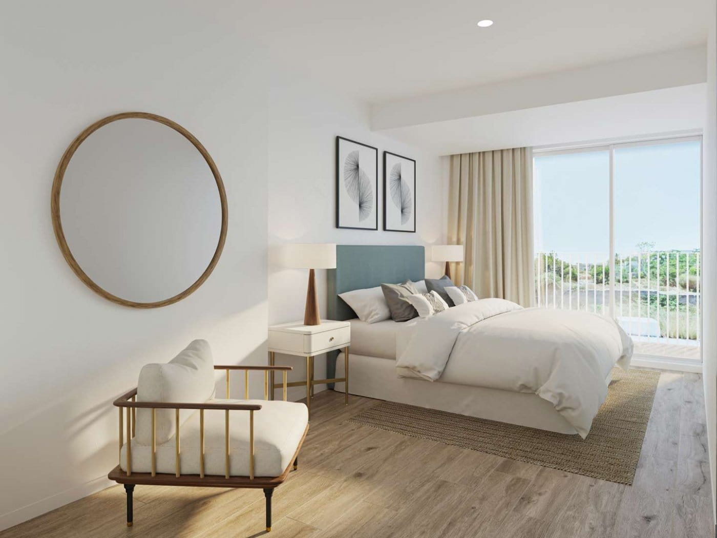 Wide rendering of a double bedroom with a timber armchair and glazed doors in Jávea, Alicante