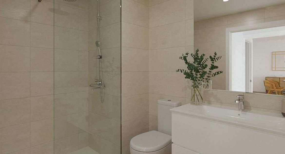 Rendering of a bathroom with walk-in shower, vanity unit and wall mirror in Jávea, Alicante