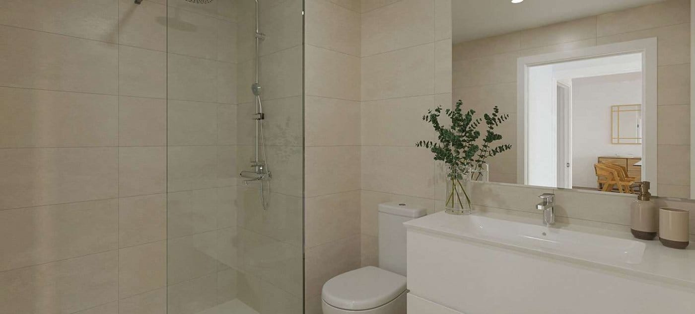 Rendering of a bathroom with walk-in shower, vanity unit and wall mirror in Jávea, Alicante