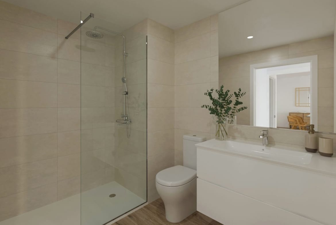 Wide rendering of a bathroom with walk-in shower, toilet and vanity unit in Jávea, Alicante