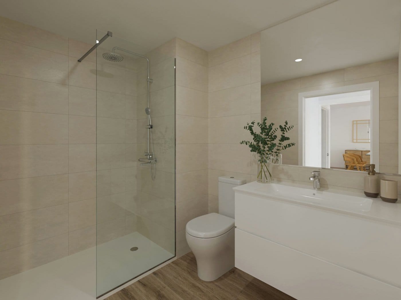 Wide rendering of a bathroom with walk-in shower, toilet and vanity unit in Jávea, Alicante
