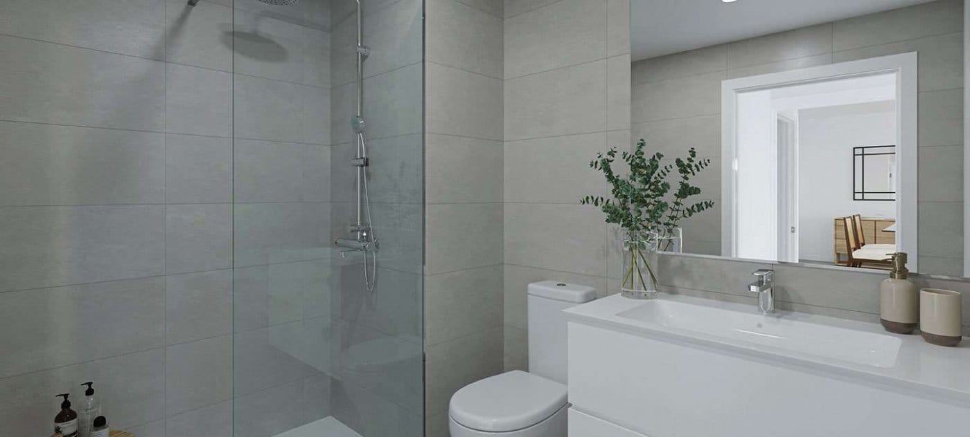 Rendering of a grey-tiled bathroom with walk-in shower and vanity unit in Jávea, Alicante