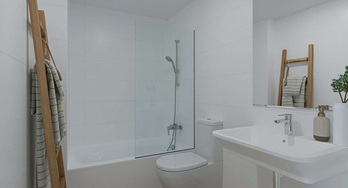 Rendering of a bathroom with glazed bathtub screen, toilet and washbasin in Jávea, Alicante