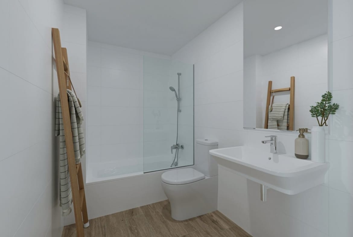 Wide rendering of a bathroom with bathtub, glazed screen and washbasin in Jávea, Alicante