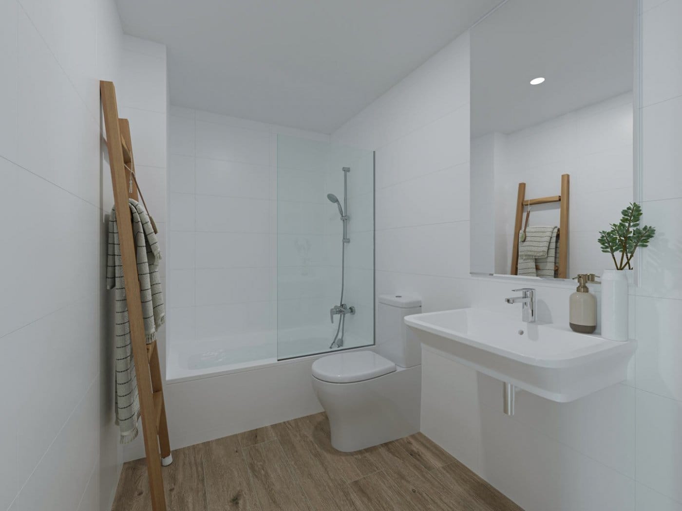 Wide rendering of a bathroom with bathtub, glazed screen and washbasin in Jávea, Alicante