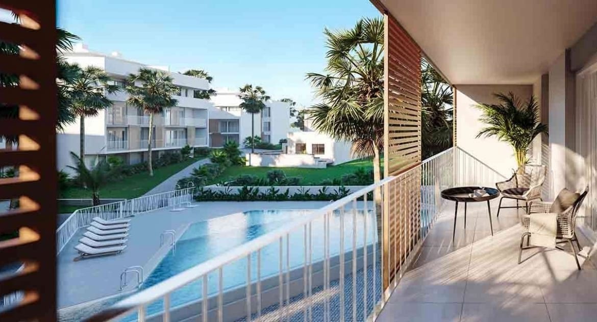 Rendering of a covered apartment terrace overlooking the communal pool in Jávea, Alicante
