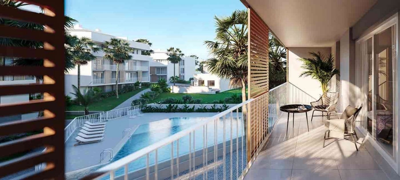 Rendering of a covered apartment terrace overlooking the communal pool in Jávea, Alicante