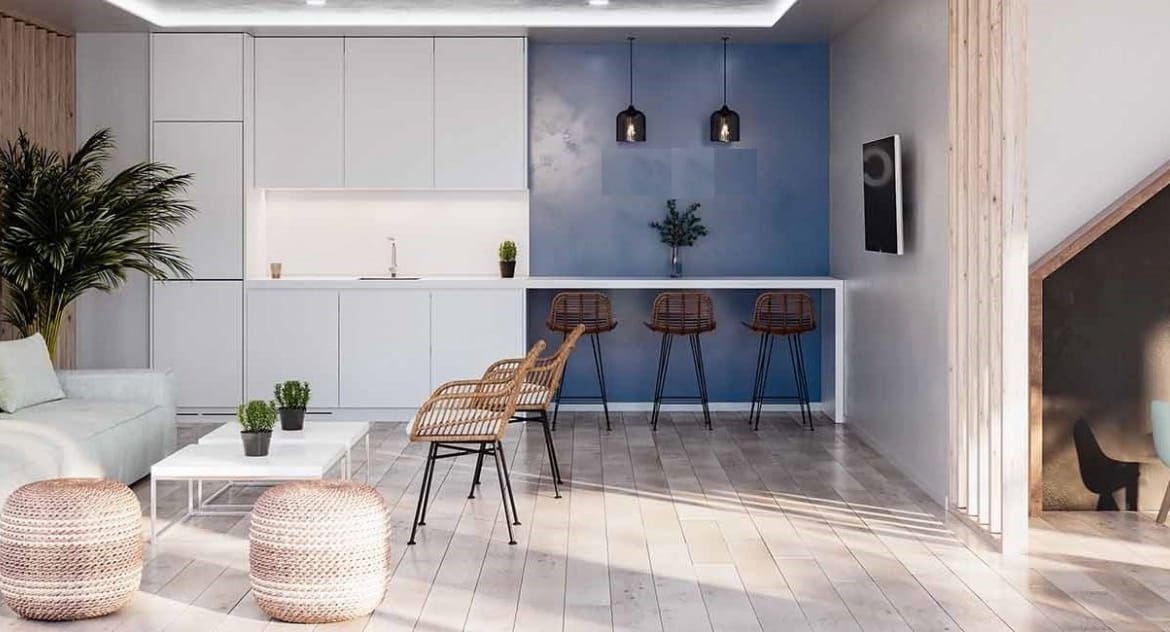 Rendering of the communal social room with lounge seating, kitchenette and bar counter in Jávea, Alicante