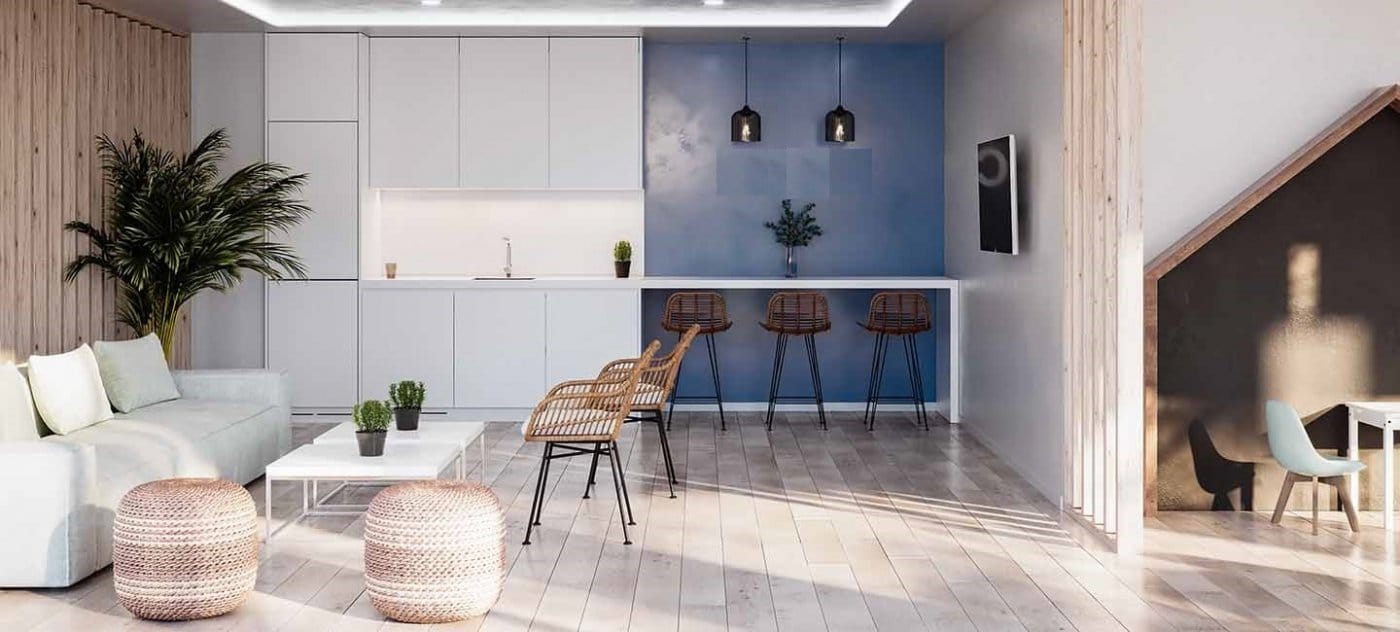 Rendering of the communal social room with lounge seating, kitchenette and bar counter in Jávea, Alicante