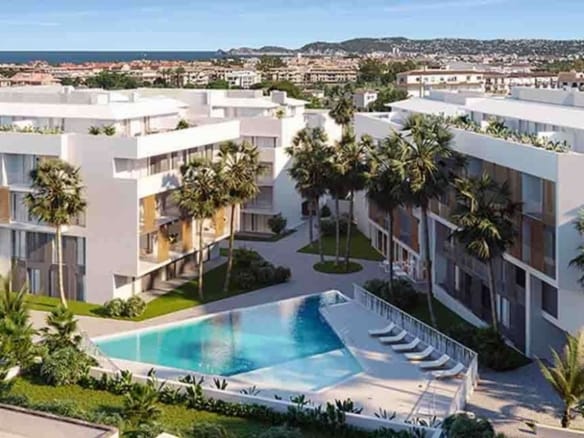 Aerial rendering of the apartment development with communal pool, landscaped gardens and coastal surroundings in Jávea, Alicante