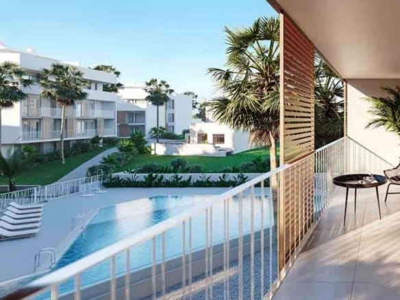Rendering of a covered apartment terrace overlooking the communal pool in Jávea, Alicante
